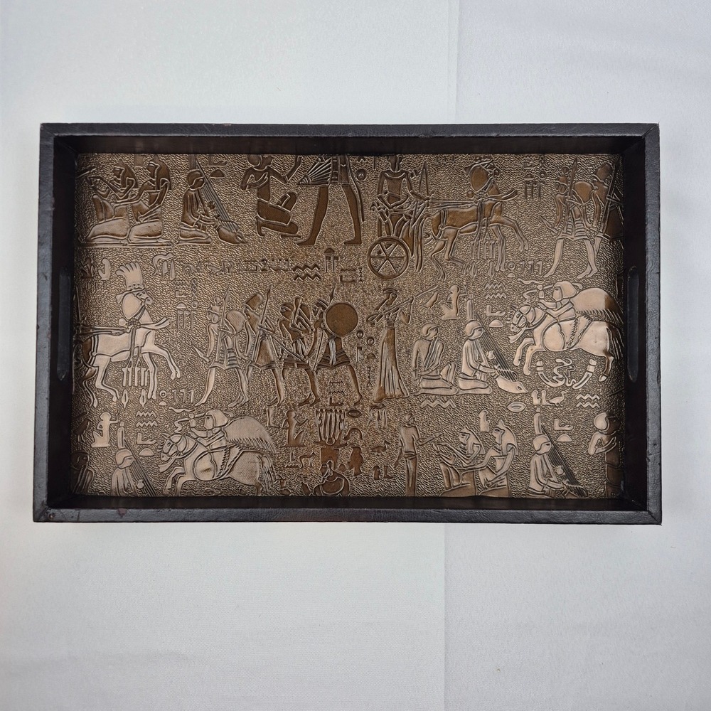 Egyptian Revival Tray Wood‎ Handles Embossed Ancient Hieroglyphics Decor Accent